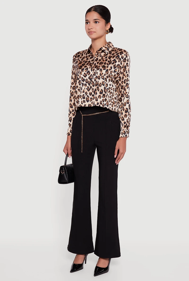 Womens Flare Leg Scuba Dress Pants with Chain Belt, Black, Size XL