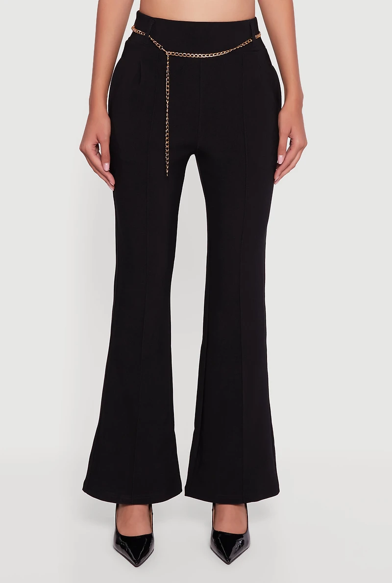 Womens Flare Leg Scuba Dress Pants with Chain Belt, Black, Size XL