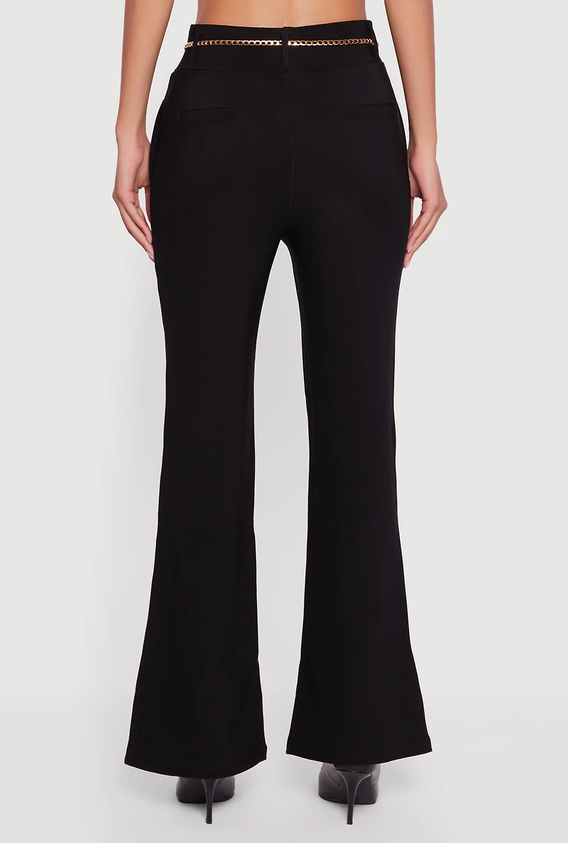 Womens Flare Leg Scuba Dress Pants with Chain Belt, Black, Size XL