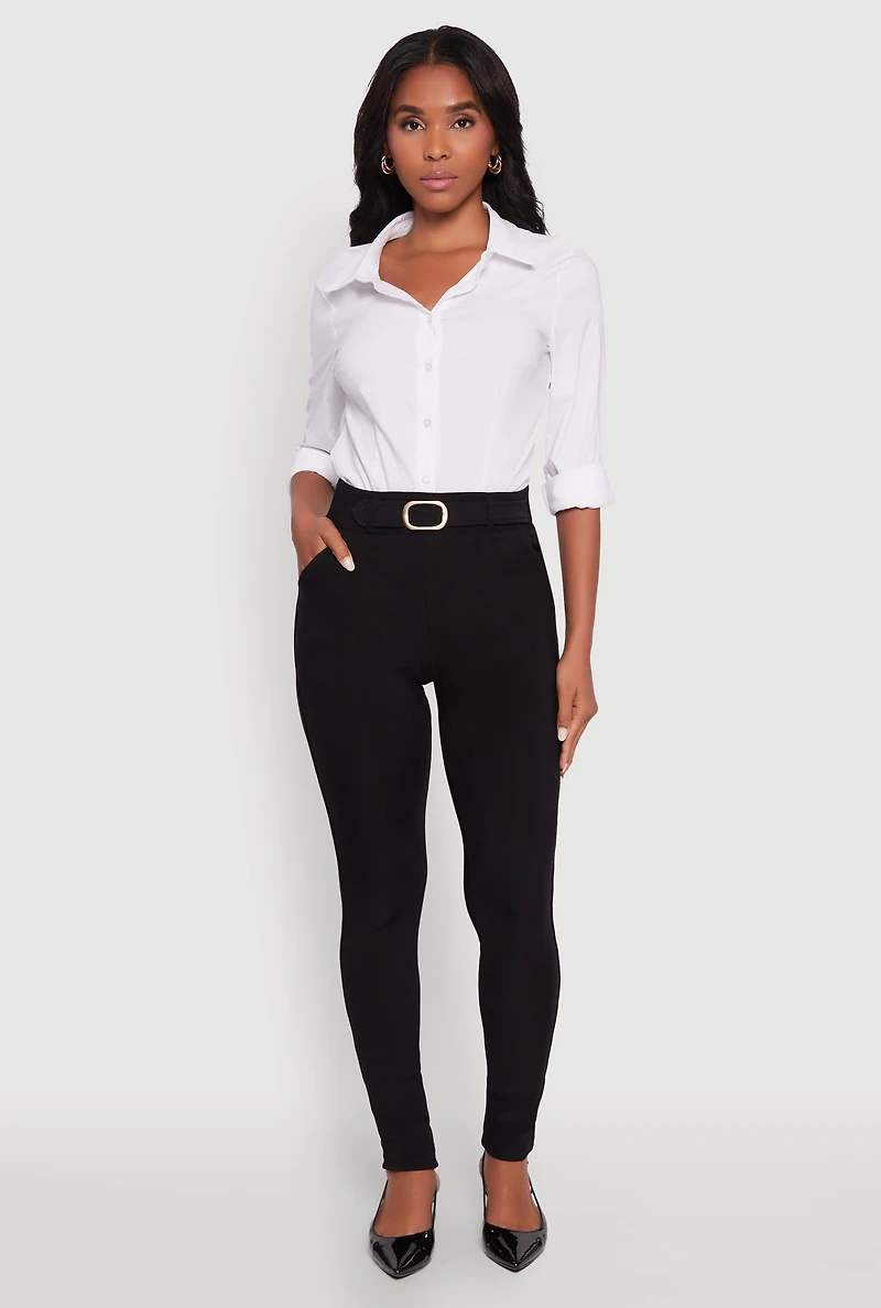 Womens Body Contour Belted Front Pants, Black, Size L