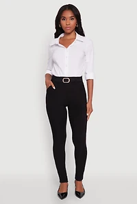 Womens Body Contour Belted Front Pants, Black, Size L
