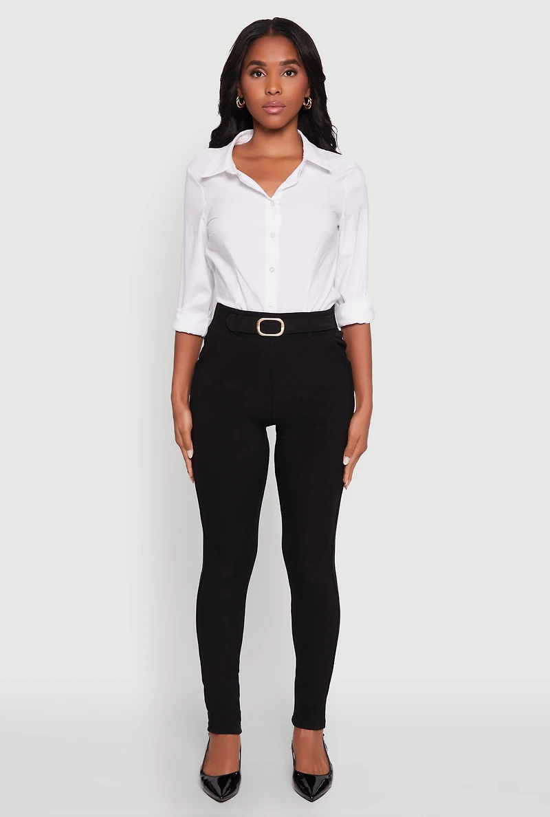 Womens Body Contour Belted Front Pants, Black, Size L