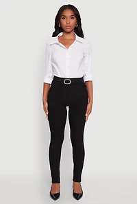 Womens Body Contour Belted Front Pants, Black, Size L