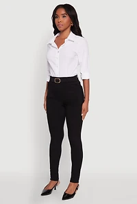 Womens Body Contour Belted Front Pants, Black, Size L