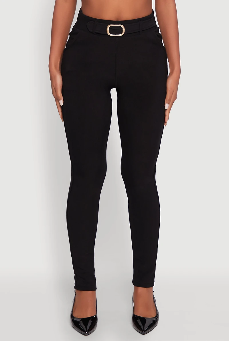 Womens Body Contour Belted Front Pants, Black, Size L