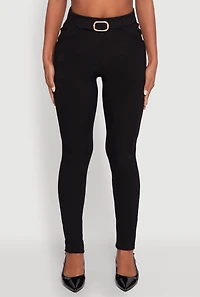 Womens Body Contour Belted Front Pants, Black, Size L