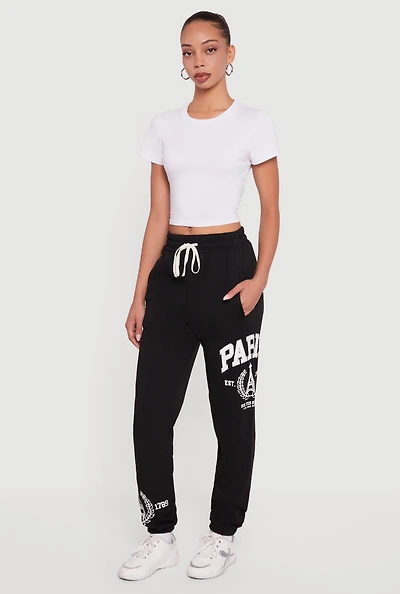 Womens Drawstring Waist Paris Graphic Fleece Lined Joggers,