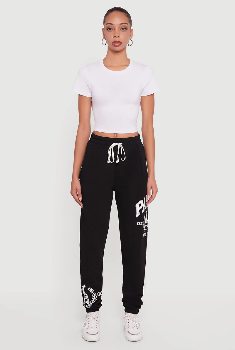 Drawstring Waist Paris Graphic Fleece Lined Joggers
