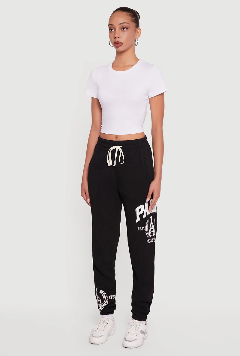 Womens Drawstring Waist Paris Graphic Fleece Lined Joggers, Black, Size L