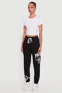 Womens Drawstring Waist Paris Graphic Fleece Lined Joggers, Black, Size L