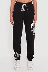 Womens Drawstring Waist Paris Graphic Fleece Lined Joggers, Black, Size L