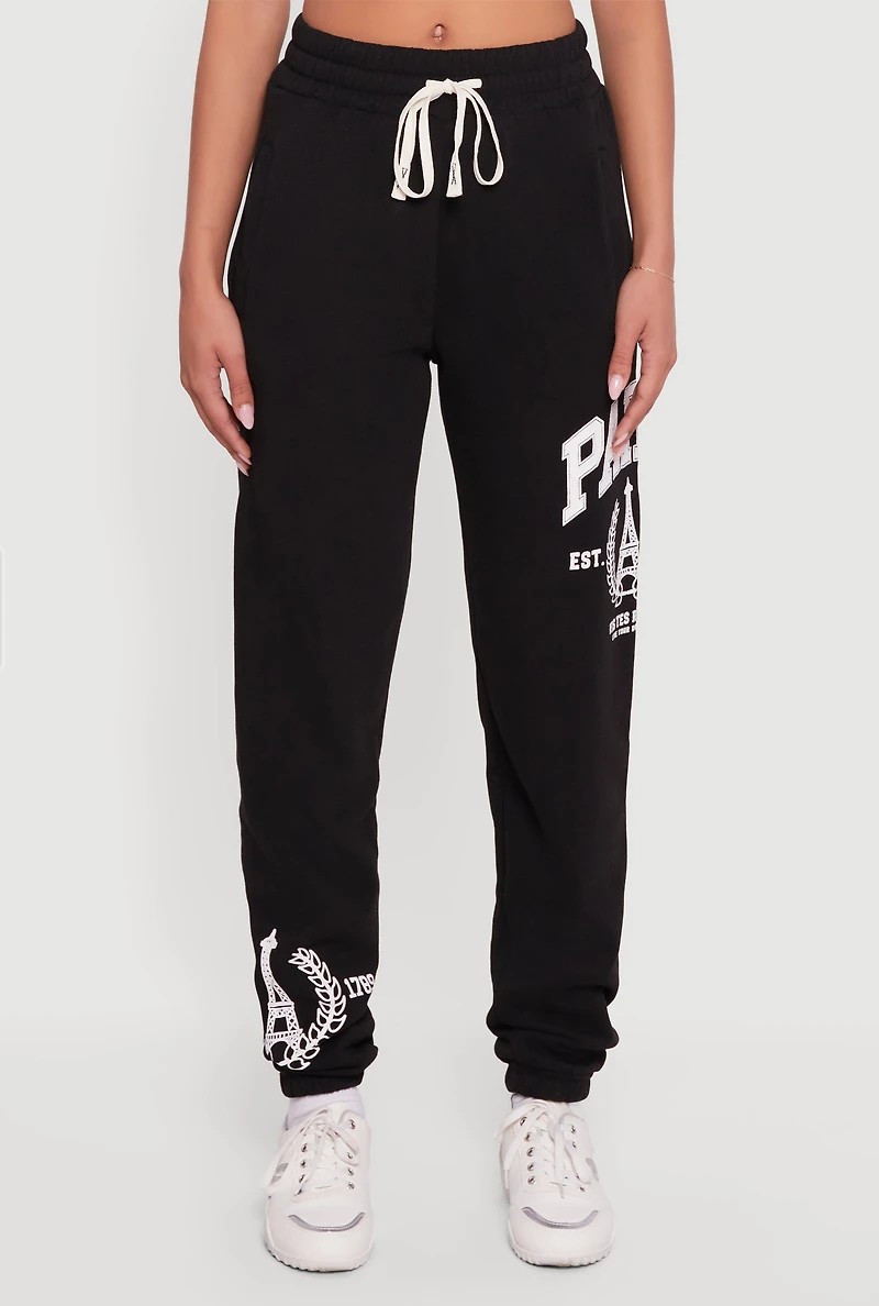 Drawstring Waist Paris Graphic Fleece Lined Joggers