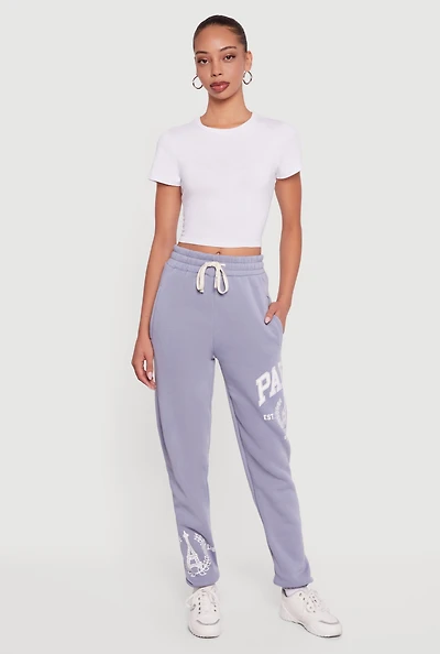 Womens Drawstring Waist Paris Graphic Fleece Lined Joggers,