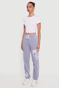 Womens Drawstring Waist Paris Graphic Fleece Lined Joggers,