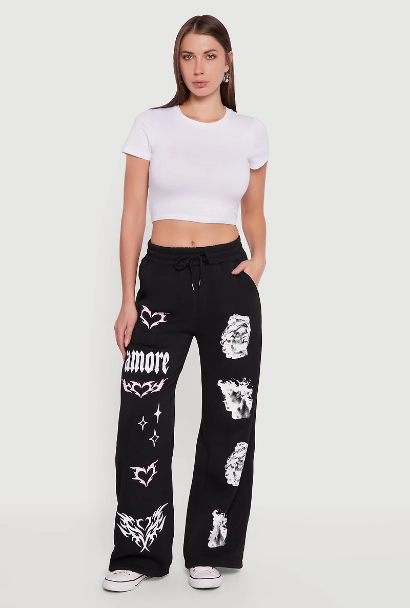 Womens Amore Graphic Drawstring Waist Wide Leg Sweatpants,