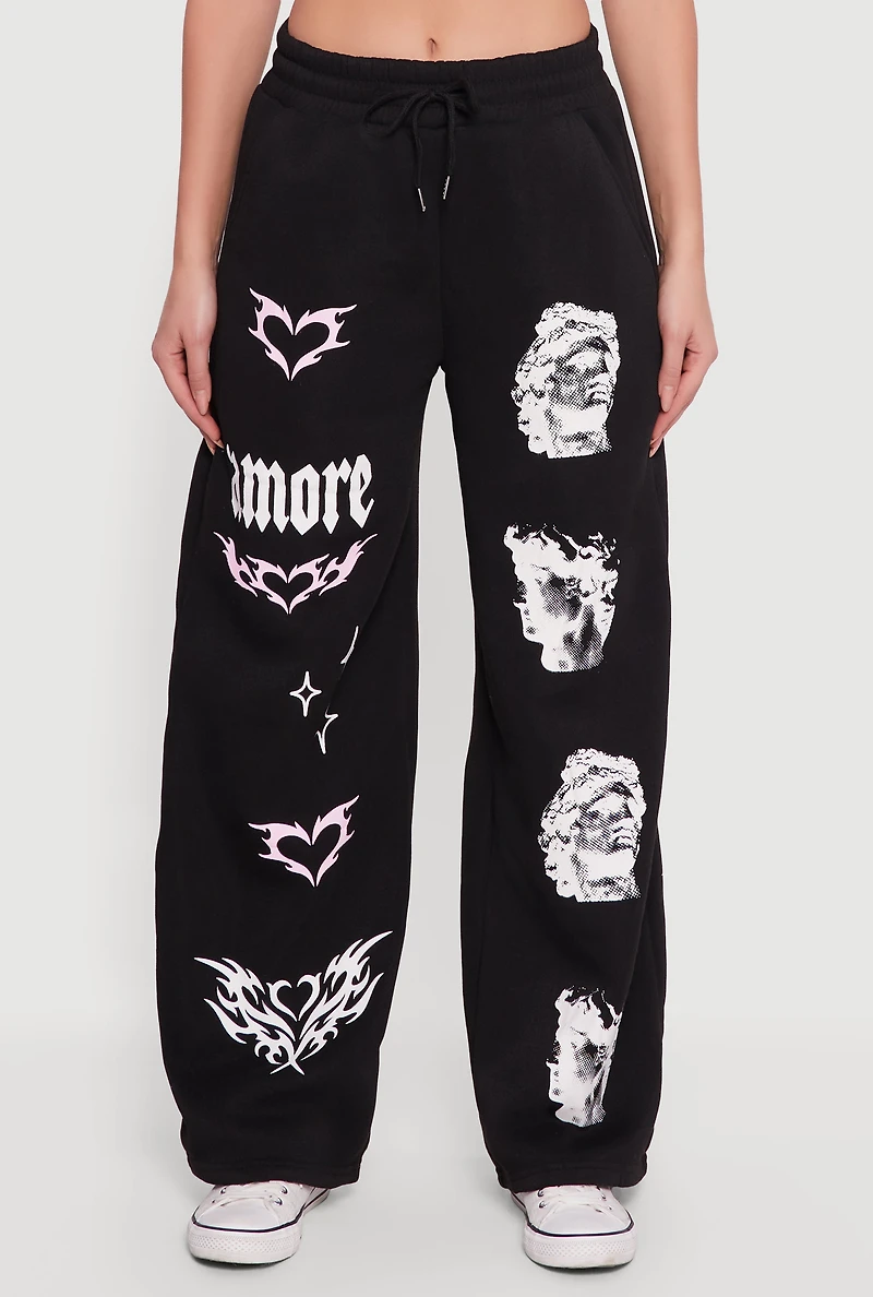 Womens Amore Graphic Drawstring Waist Wide Leg Sweatpants,