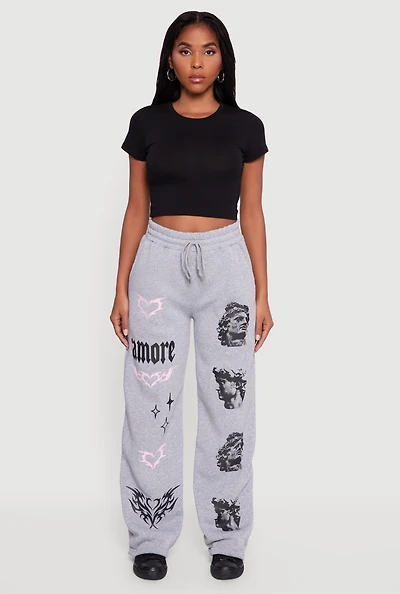 Womens Amore Graphic Drawstring Waist Wide Leg Sweatpants,
