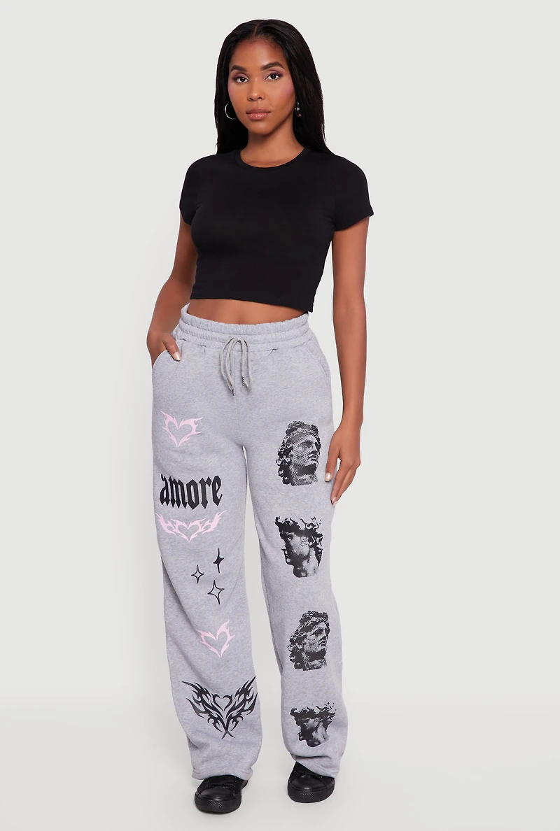 Amore Graphic Drawstring Waist Wide Leg Sweatpants