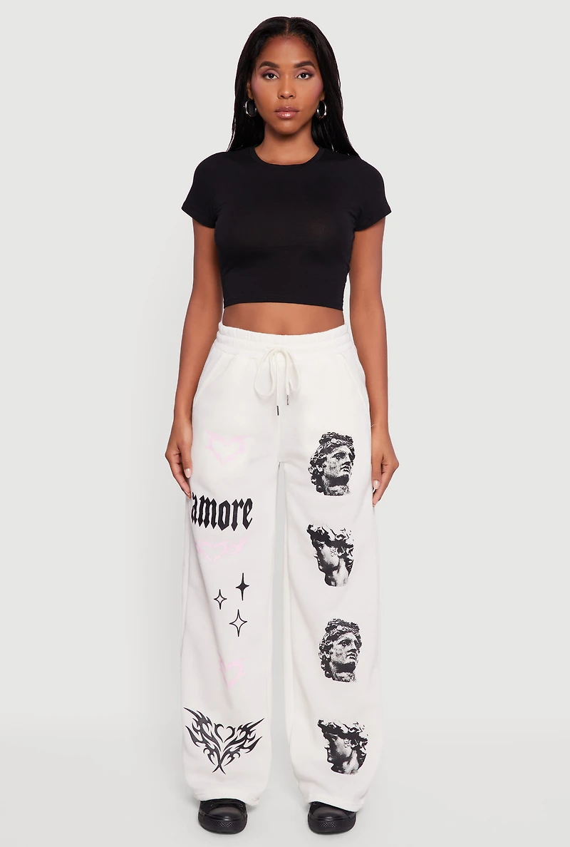 Womens Amore Graphic Drawstring Waist Wide Leg Sweatpants, White, Size XL