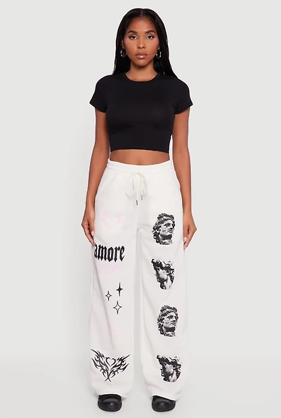 Womens Amore Graphic Drawstring Waist Wide Leg Sweatpants, White, Size L
