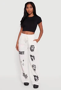 Womens Amore Graphic Drawstring Waist Wide Leg Sweatpants, White, Size XL