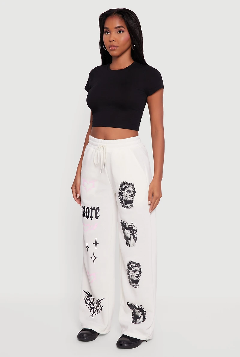 Womens Amore Graphic Drawstring Waist Wide Leg Sweatpants, White, Size XL