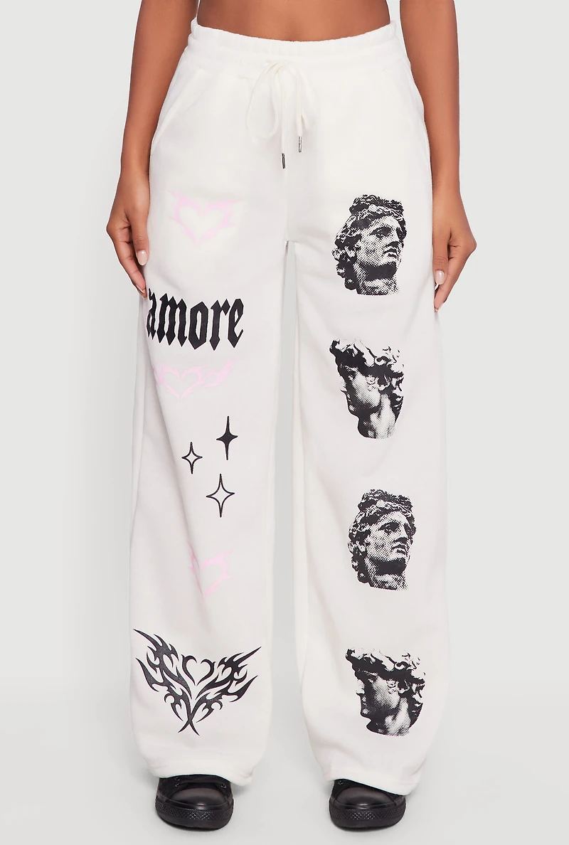 Womens Amore Graphic Drawstring Waist Wide Leg Sweatpants, White, Size XL