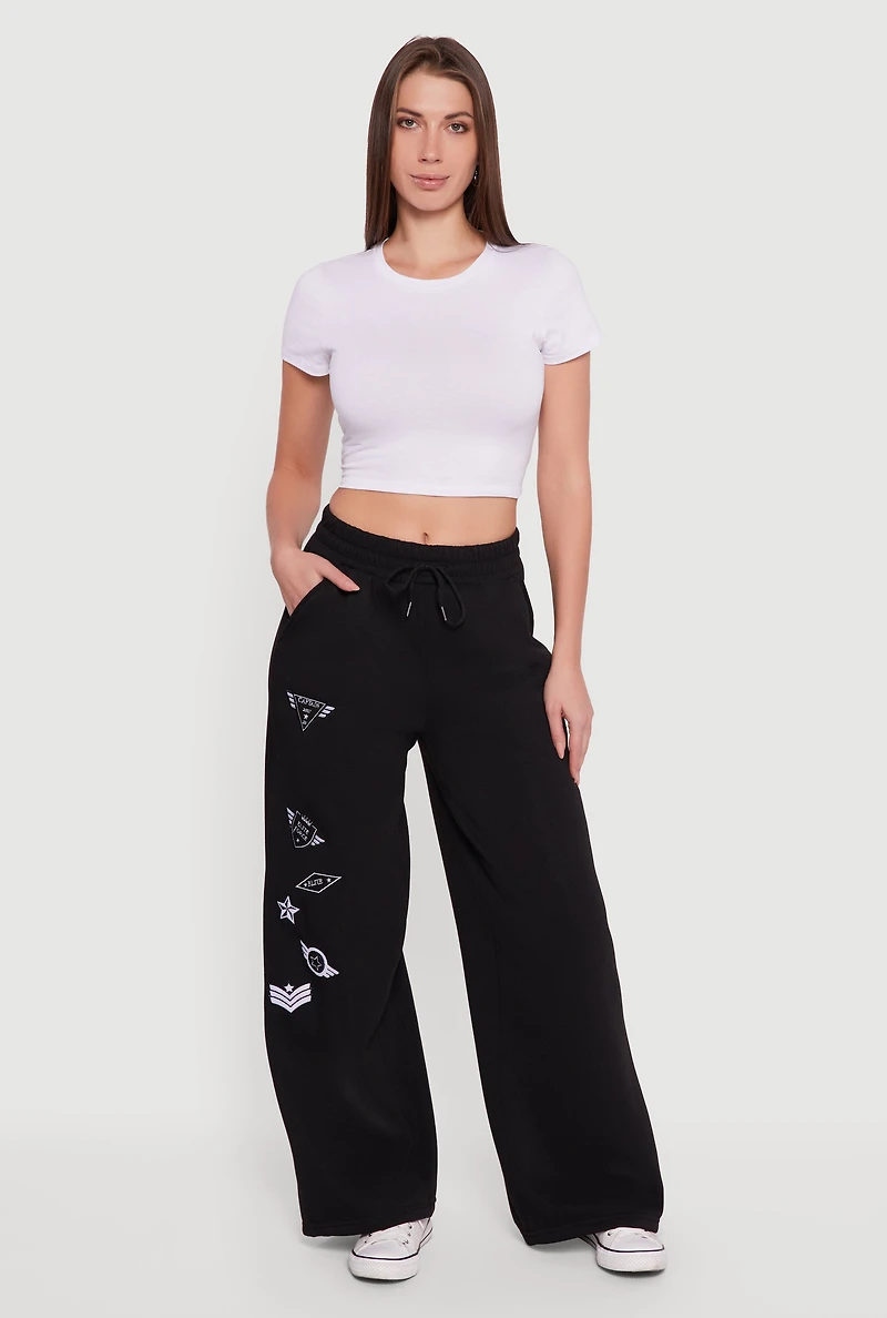 Womens Embroidered Patch Drawstring Waist Wide Leg Sweatpants, Black, Size L