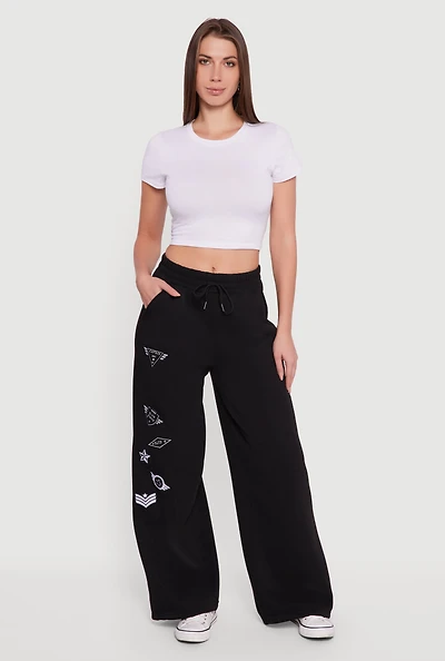 Womens Embroidered Patch Drawstring Waist Wide Leg Sweatpants, Black, Size L