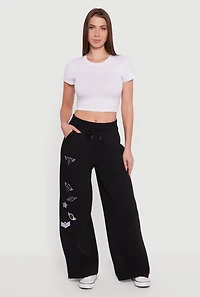 Womens Embroidered Patch Drawstring Waist Wide Leg Sweatpants, Black, Size L