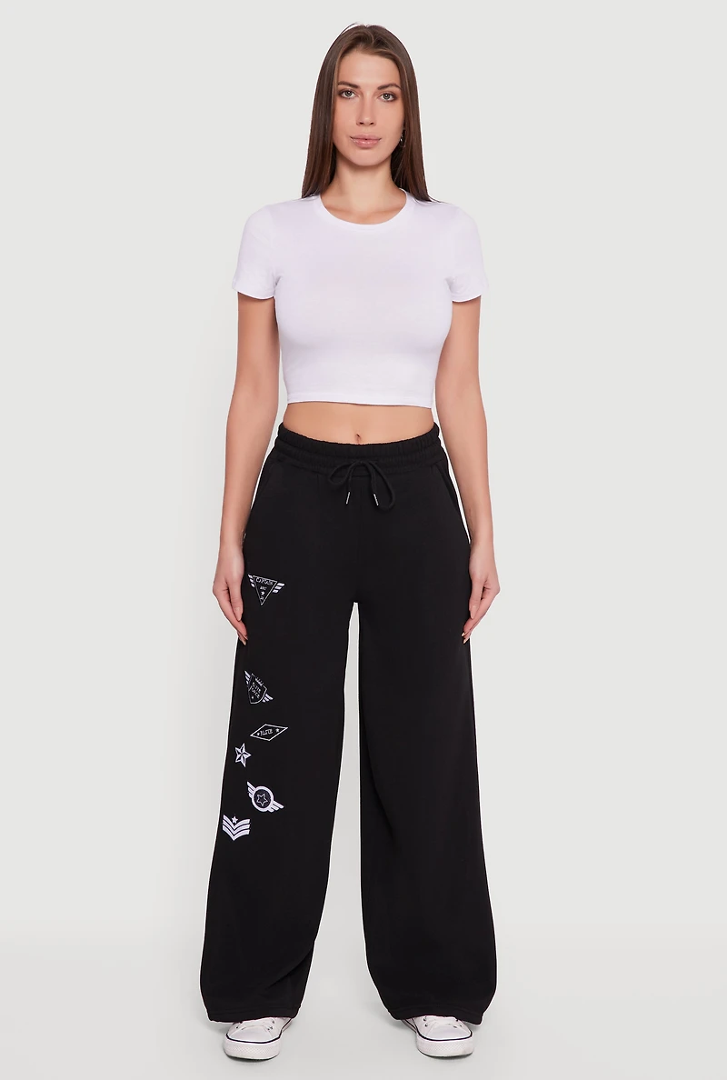 Womens Embroidered Patch Drawstring Waist Wide Leg Sweatpants, Black, Size L