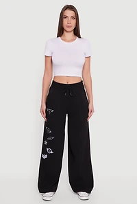 Womens Embroidered Patch Drawstring Waist Wide Leg Sweatpants, Black, Size L