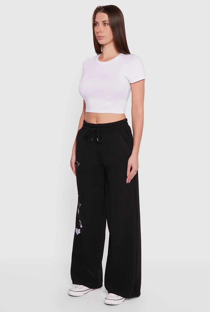 Womens Embroidered Patch Drawstring Waist Wide Leg Sweatpants, Black, Size L