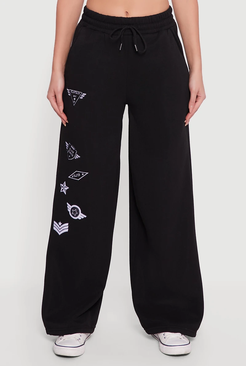 Womens Embroidered Patch Drawstring Waist Wide Leg Sweatpants, Black, Size L