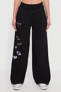 Womens Embroidered Patch Drawstring Waist Wide Leg Sweatpants, Black, Size L