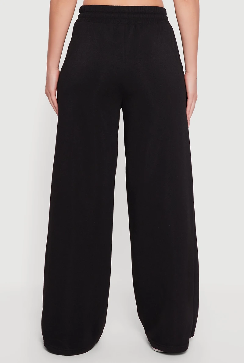Womens Embroidered Patch Drawstring Waist Wide Leg Sweatpants, Black, Size L