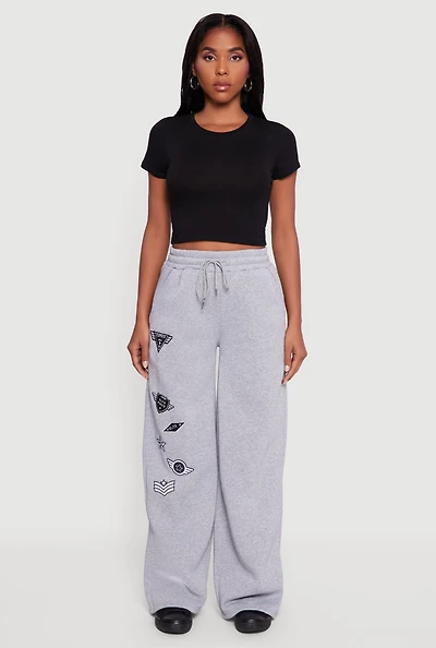 Womens Embroidered Patch Drawstring Waist Wide Leg Sweatpants, Grey, Size L