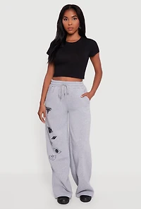 Womens Embroidered Patch Drawstring Waist Wide Leg Sweatpants, Grey, Size L