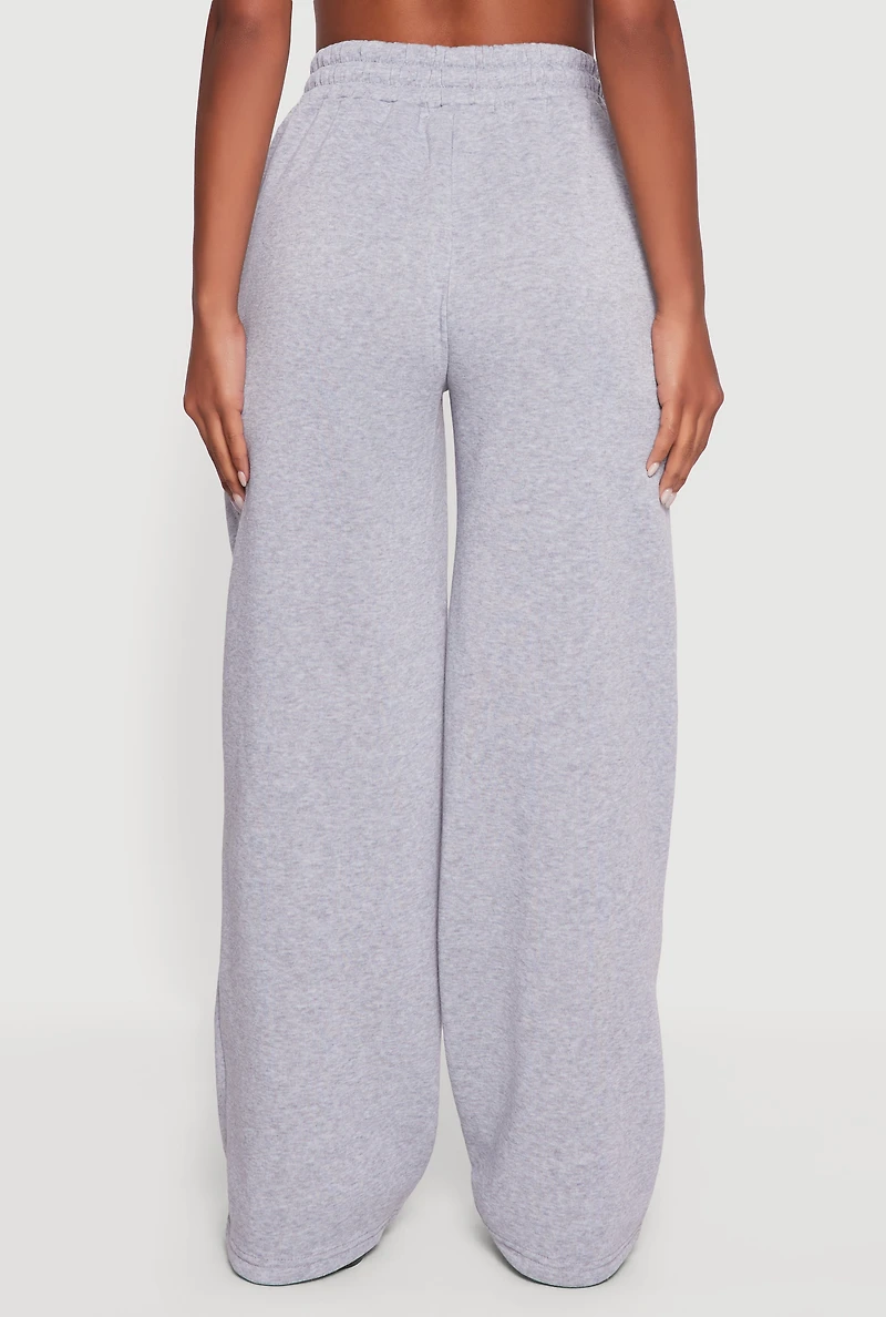 Womens Embroidered Patch Drawstring Waist Wide Leg Sweatpants, Grey, Size L
