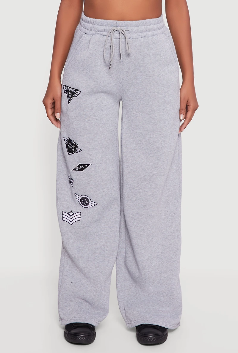 Womens Embroidered Patch Drawstring Waist Wide Leg Sweatpants, Grey, Size L