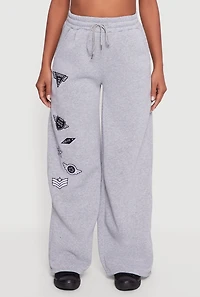 Womens Embroidered Patch Drawstring Waist Wide Leg Sweatpants, Grey, Size L