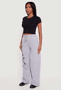 Womens Embroidered Patch Drawstring Waist Wide Leg Sweatpants, Grey, Size L
