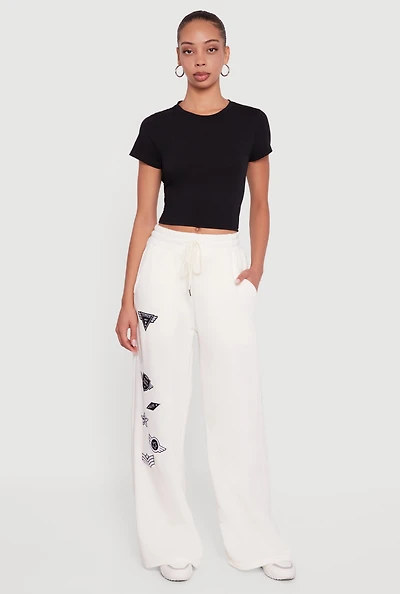 Embroidered Patch Drawstring Waist Wide Leg Sweatpants