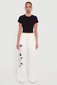 Embroidered Patch Drawstring Waist Wide Leg Sweatpants