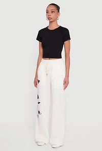Embroidered Patch Drawstring Waist Wide Leg Sweatpants