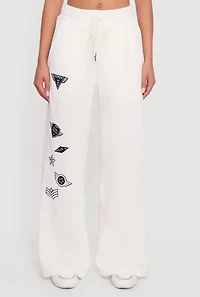 Embroidered Patch Drawstring Waist Wide Leg Sweatpants