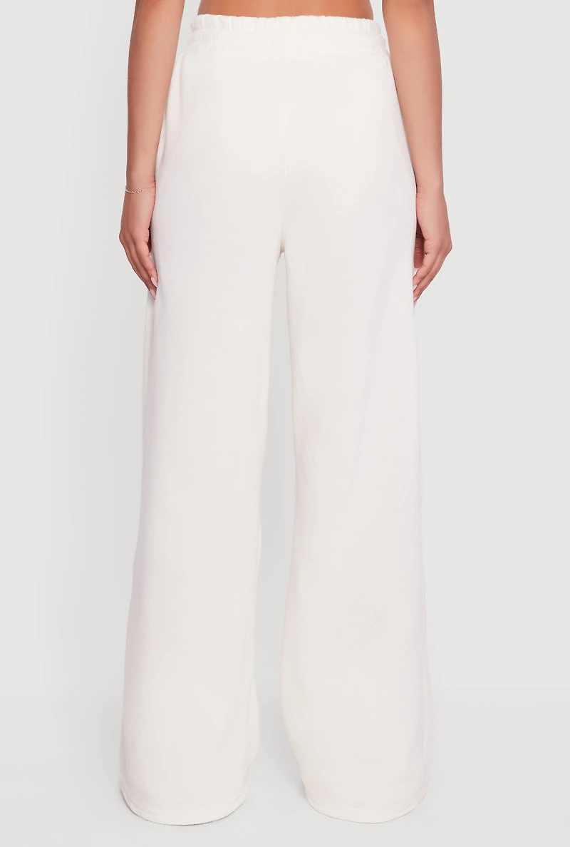 Embroidered Patch Drawstring Waist Wide Leg Sweatpants