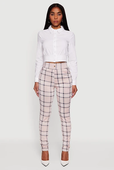 High Waisted Pull On Plaid Skinny Dress Pants