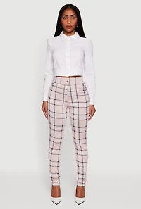 High Waisted  Pull On Plaid Skinny Dress Pants