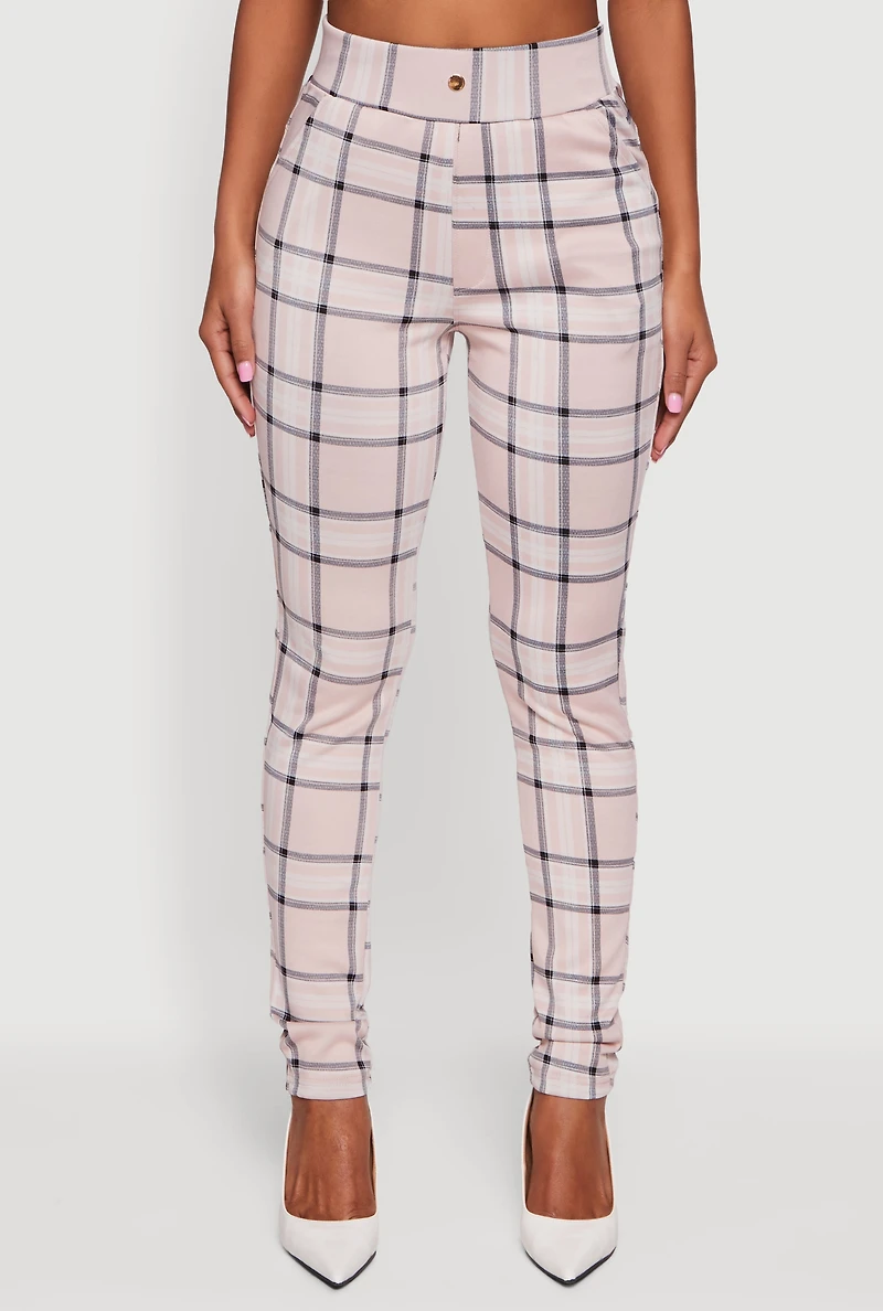 Womens High Waisted Pull On Plaid Skinny Dress Pants, Multi, Size XL
